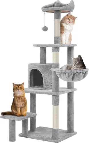 Vista 10 de Yaheetech Torre de árbol para gatos de varios niveles de 57 pulgadas con plataforma extendida, percha acolchada, postes rascadores y bola — centro