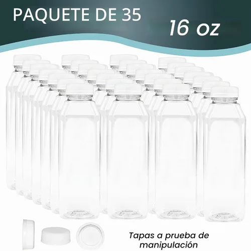 Vista 2 de Botellas vacías de plástico PET de 16 oz para jugo - Paquete de 35 recipientes reutilizables transparentes para leche desechable, a granel con tapas