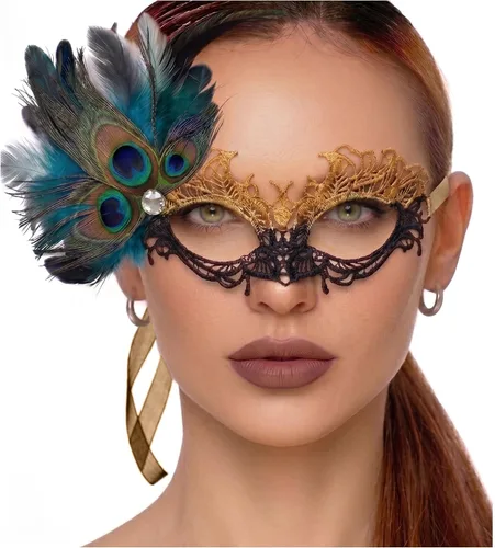 Vista 51 de Masquerade Mask For Women Lace Masquerade Mask for Masquerade Party, Proms, Venetian Party, Mardi Gras, Halloween & Cosplay Ana Bg Pluma de Pavo Real