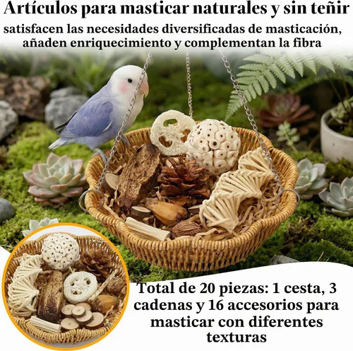 Vista 2 de Juego de 20 juguetes de forraje para pájaros con cesta colgante