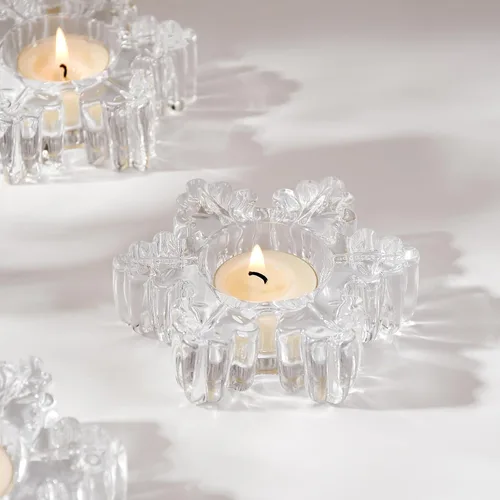 Vista 7 de 4 portavelas de vidrio con copos de nieve, copas votivas grabadas, decoración de invierno Patrón esmerilado, acabado transparente, resistente al