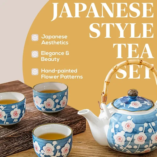 Vista 2 de Juego de té japonés, juegos de té de porcelana de estilo japonés para adultos, 1 tetera de cerámica con asa, 1 filtro de té de acero inoxidable y 4