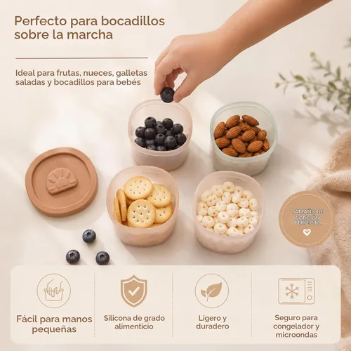 Vista 5 de Recipientes de comida para bebés con tapas, recipientes de silicona para almacenamiento de alimentos para bebés y niños pequeños, a prueba de fugas