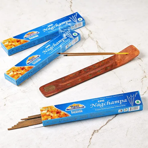 Vista 2 de Rani Brand Authentic Indian Products Epic Nagchampa Incienso (0.53 oz x 10 paquetes, total 100 varillas) para Puja, meditación y fragancia casera