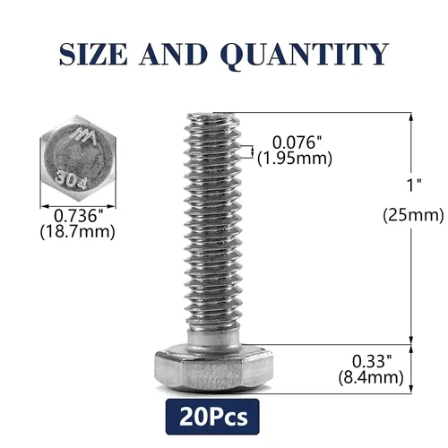 Vista 2 de Tornillo de cabeza hexagonal de 1/2-13 x 1, 20 piezas de acero inoxidable 18-8 (304), totalmente roscado, acabado liso, por SG TZH