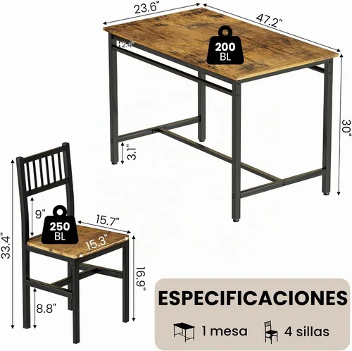 Vista 3 de AWQM Juego de mesa de comedor para 4, mesa industrial con juego de sillas