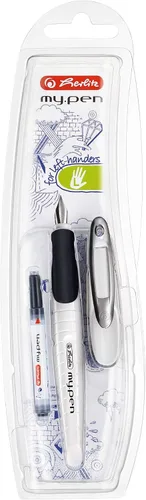 Vista 3 de Herlitz 11167988 - Pluma escolar (punta media) con cartucho de tinta, Negro/Blanco, 1 unidad (paquete de 1), Para zurdos