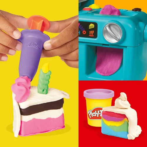 Vista 10 de Play-Doh Super Slice Cake Playset, horno de juguete con accesorios de cocina y 11 latas compuestas de modelado, artes y manualidades para niños, a