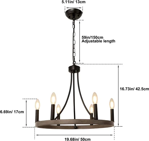 Vista 4 de Candelabro de rueda de vagón, 6 luces, rústico, rústico, de granja, de metal negro, lámpara de comedor de madera, candelabros redondos para entrada