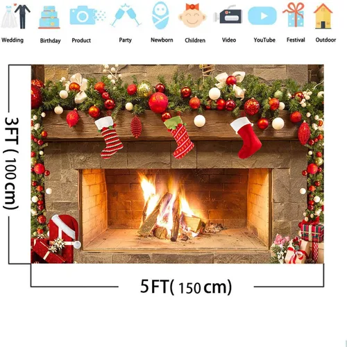 Vista 4 de Mocsicka Telón de fondo temático de chimenea navideña para fotografía, árbol de Navidad, calcetín, regalo, decoraciones para fiestas familiares