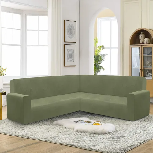Vista 6 de HDCAXKJ Fundas de terciopelo grandes en forma de L para sofá seccional, fundas verdes para sofá esquinero, juego de fundas elásticas y suaves