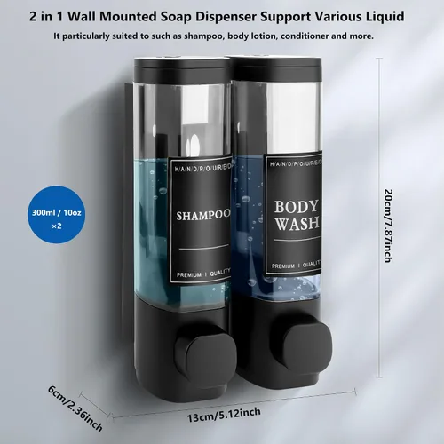 Vista 2 de Dispensador de champú y acondicionador, dispensador de jabón de ducha montado en la pared, 2 cámaras de 10.1 fl oz, dispensadores de jabón de manos
