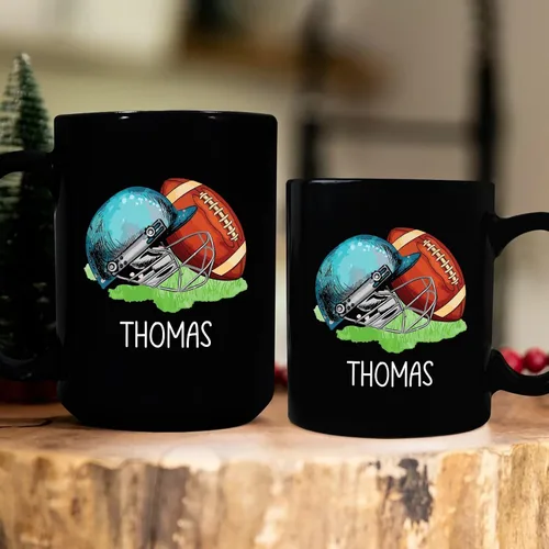 Vista 6 de Taza de café de fútbol americano con nombre personalizado, regalo de fútbol personalizado, porcelana negra 11oz y 15oz