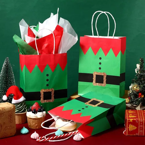 Vista 4 de Blulu 16 piezas de bolsas de regalo de papel para Navidad, elfos de Navidad con impresión de traje de elfo, bolsas de fiesta de Navidad con asa