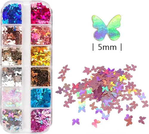 Vista 8 de 12 rejillas holográficas de mariposa para arte de uñas, lentejuelas con purpurina láser 3D brillantes para diseño de uñas acrílicas, paillettes