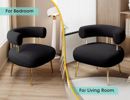 Vista 4 de Silla de Acento Mid Century Sherpa Boucle, Silla de Brazo de Barril Redonda Tapizada para Espacios Pequeños, Silla de Sofá de Esquina Lateral