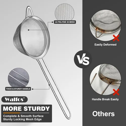 Vista 6 de Walfos Pequeño colador de té de malla fina, mini tamiz de acero inoxidable con asa, coladores de metal de cocina de 2.7 pulgadas para té, jugos