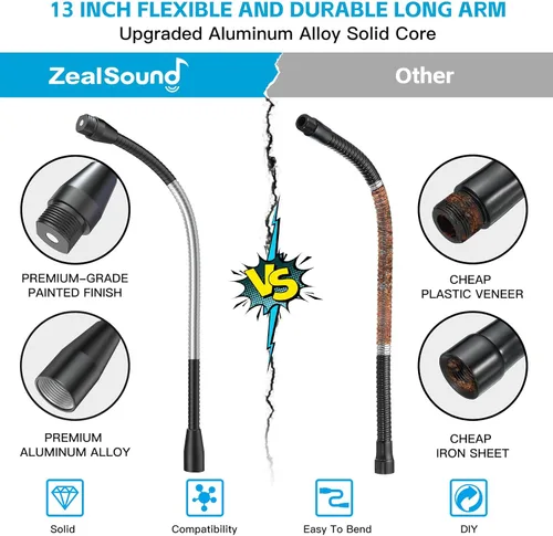 Vista 3 de ZealSound Brazo de manguera de metal multifuncional, cuello de cisne de micrófono de 13 pulgadas, extensión de soporte para soporte de piso