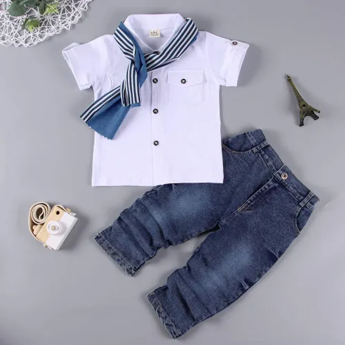 Vista 7 de Ritatte Conjunto de 3 piezas de ropa casual de algodón de manga corta + jeans de mezclilla + bufanda para niños pequeños