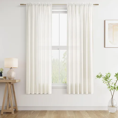 Vista 44 de Cortinas de lino verde aguamarina de 84 pulgadas de largo, juego de 2 paneles semitransparentes con bolsillo para barra para comedor, decoración