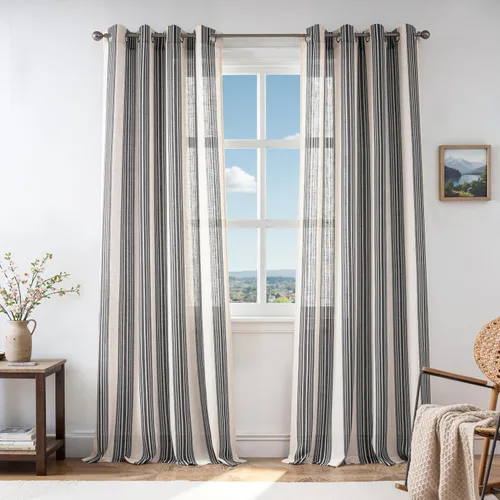 Vista 28 de DriftAway Cortinas de estilo granja con rayas verticales de lino mezclado texturizado con filtro de luz semitransparente para sala de estar