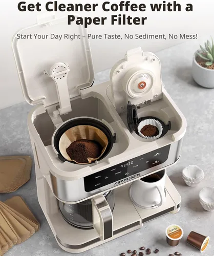 Vista 6 de AIRMSEN Cafetera dual programable de 12 tazas – Máquina de una sola porción para K-Pods y molido, preparación rápida de 1000 W, inicio retardado