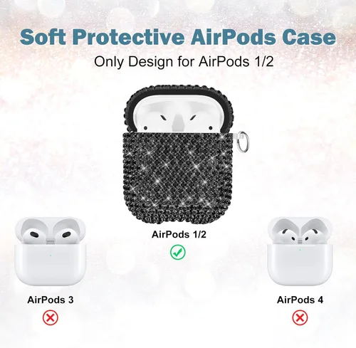 Vista 4 de Newseego Funda para AirPods de 1 y 2 generación, funda de lujo con diamantes de imitación brillantes con llavero para mujeres y niñas, anti-pérdida