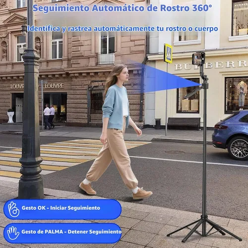 Vista 3 de Trípode de seguimiento automático de cara para iPhone con luz de 160 cm Palo selfie trípode soporte sigue tu movimiento 360° trípode de cámara