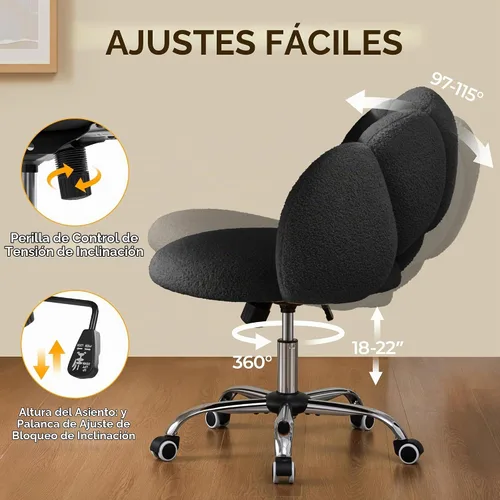 Vista 4 de Yaheetech Black Petal Boucle - Silla de escritorio para maquillaje con ruedas, giratoria, color negro