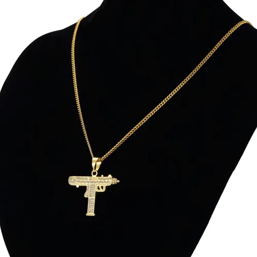 Vista 2 de Collar de aleación de zinc para hombre de moda para mujer con estrás y pistola de mano
