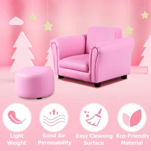 Vista 9 de Costzon Sofá para niños con reposapiés, sofá para niños con ASTM y CPSIA con superficie de piel sintética, mini reposabrazos, sofá suave para niños