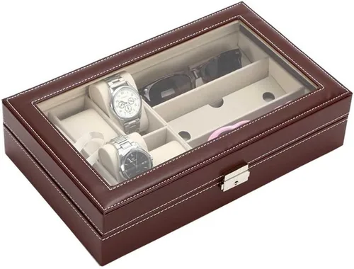 Vista 13 de AUTOARK AW-004 - Caja de cuero para 6 relojes y 3 lentes y gafas de sol con organizador de joyas, cajas de almacenamiento para hombre y mujer, tapa