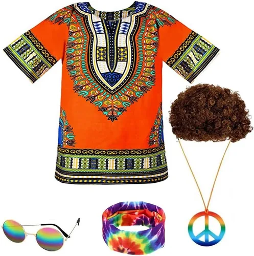 Vista 5 de SpeedBeauty Hippie 5 piezas de disfraz de Halloween para hombre de los años 60 y 70 camiseta afro peluca accesorios para fiesta cosplay