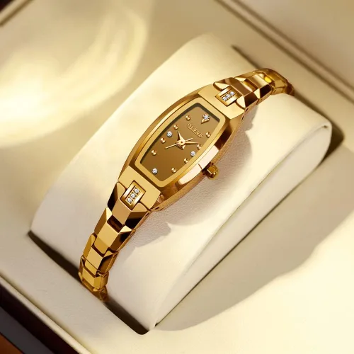 Vista 7 de OLEVS Reloj delgado para mujer correa de acero de tungsteno de oro rosa diseño Tonneau forma cuadrada con forma de diamante cuarzo para mujer reloj