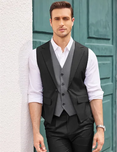 Vista 2 de COOFANDY Chaleco de traje en capas para hombre, chalecos de vestir formales, chaleco de boda ajustado
