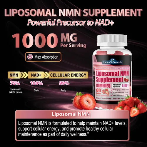 Vista 3 de Suplemento NMN de 1000 mg, gomitas liposomales de NMN 4 en 1 con resveratrol, quercetina y TMG para niveles de NAD+, alternativa a NMNH, apoya