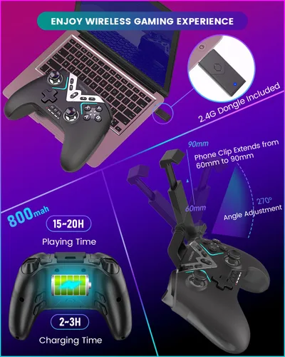Vista 6 de Bluetooth Controller for Windows PCiPhoneAndroidSwitchsteam OSTV, 2.4G Wireless Game Controller with USB Dongle&Phone Clip with Hall Trigger2