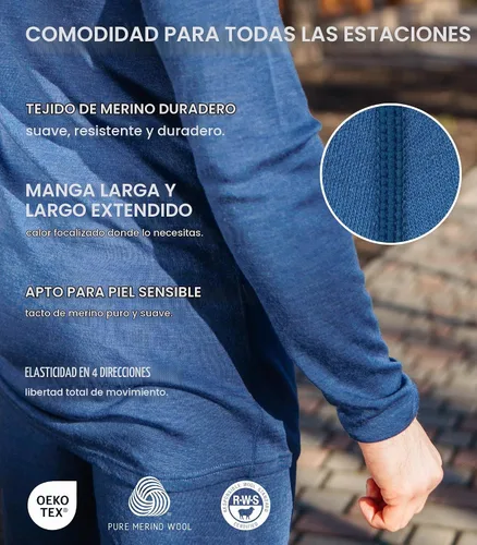 Vista 4 de 100% Merino Wool Base Layer Mens - Long Sleeve Thermal Shirts with Socks .320 negro