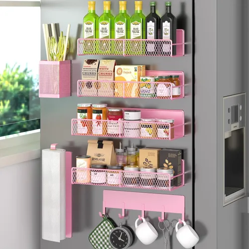 Vista 17 de Estante magnético para especias para refrigerador, paquete de 7 estantes magnéticos fuertes 100% de metal, organizador de especias con soporte