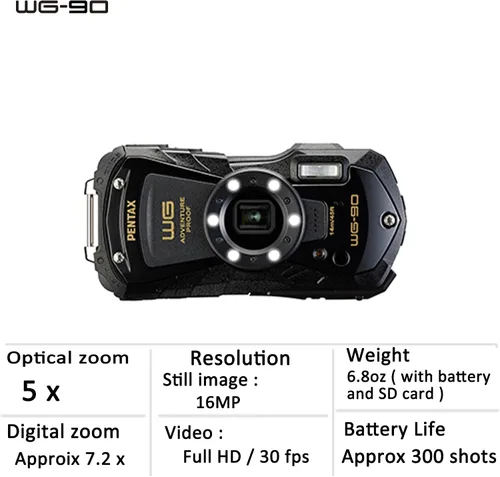Vista 4 de PENTAX WG-90 Cámara impermeable negra, a prueba de golpes, a prueba de polvo, a prueba de congelación, anillo de luz integrada de 6 LED