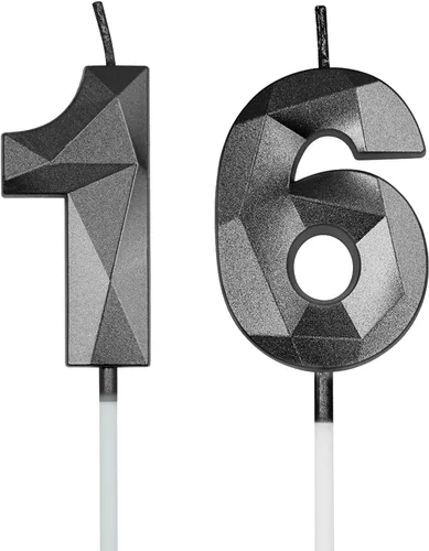 Vista 8 de Velas de cumpleaños número 16 y 61 para tartas, velas plateadas con forma de diamante 3D, decoración de cumpleaños, suministros de fiesta para Plata