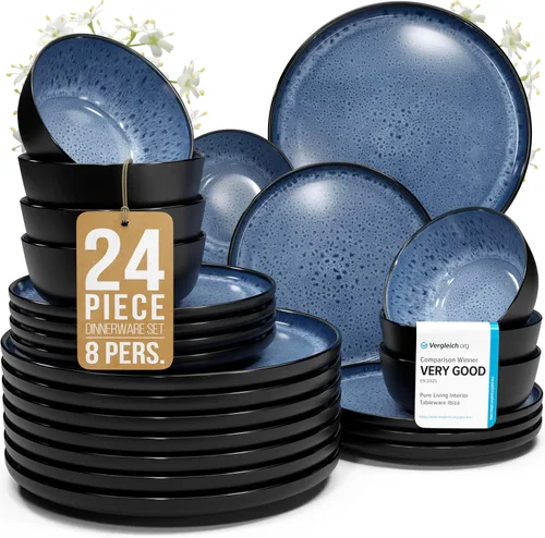 Vista 20 de Juego de vajilla de gres para 4 personas 12 piezas – Juego de platos y cuencos negros mate – Apto para lavavajillas, microondas y resistente a