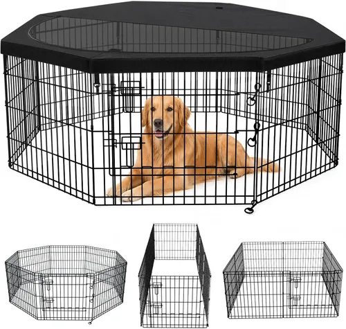 Vista 9 de PETIME - Corral plegable de metal para ejercicio de perros/Parque de juegos para cachorros con 8 paneles para interior/exterior, valla de patio