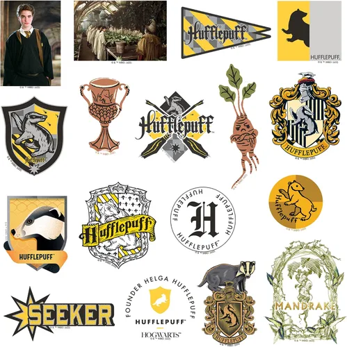 Vista 3 de Harry Potter Hufflepuff Theme - Calcomanías de vinilo de 50 unidades – Crestas de casa, símbolos de tejón y diseños de personajes para laptop
