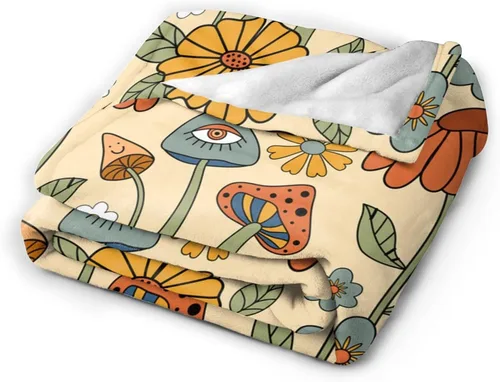 Vista 2 de Manta de hongos florales retro de los años 70, mantas suaves de franela para cama, acogedora y ligera, regalos de felpa para mujeres, hombres