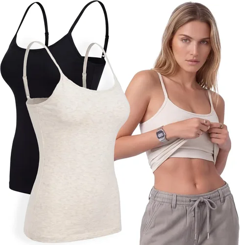 Vista 59 de Emmalise Camiseta de mujer con brasier integrado, soporte de tela sin varillas, camisola corta