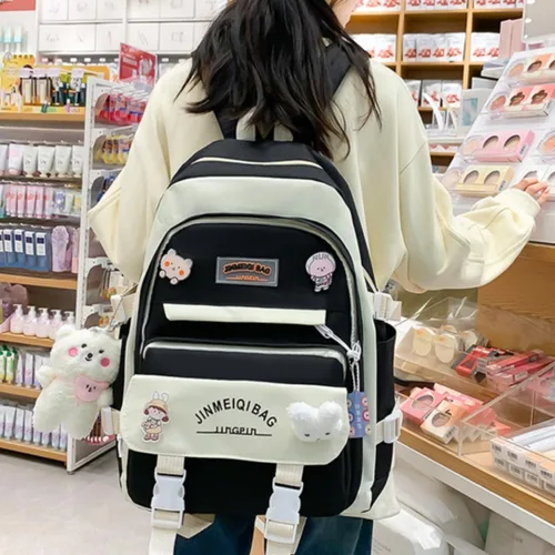 Vista 3 de MIFJNF Mochila kawaii de 5 piezas para la escuela, mochila estética kawaii, suministros escolares Kawaii, conjunto de mochila con accesorios, Negro