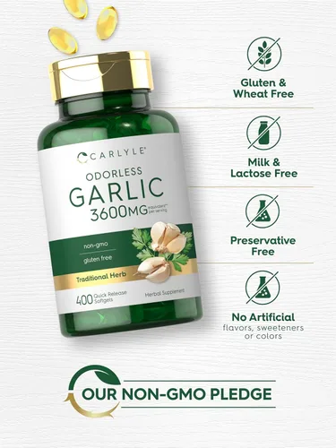 Vista 5 de Carlyle Suplemento de ajo inodoro 400 cápsulas blandas Pastillas de extracto de hierbas Fórmula sin OMG, sin gluten