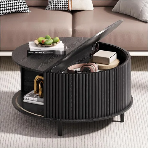 Vista 16 de Mesa de centro elevable con almacenamiento, mesa central negra de 32 pulgadas para sala de estar, mesa de comedor cuadrada con patas de madera maciza