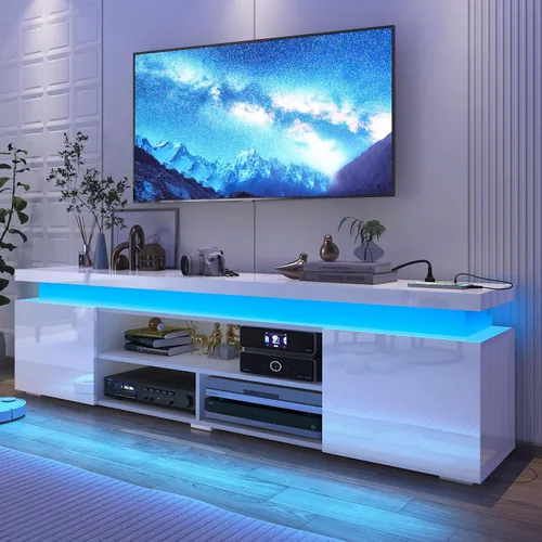 Vista 15 de Hlivelood Soporte de TV LED para TV de 75 pulgadas, moderno soporte de TV con toma de corriente, consola de TV de alto brillo con almacenamiento